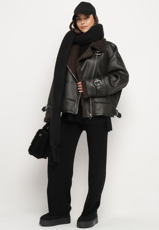Czarna Kurtka Biker z Futerkiem Typu Baranek i Paskami z Klamrami Neathra 2