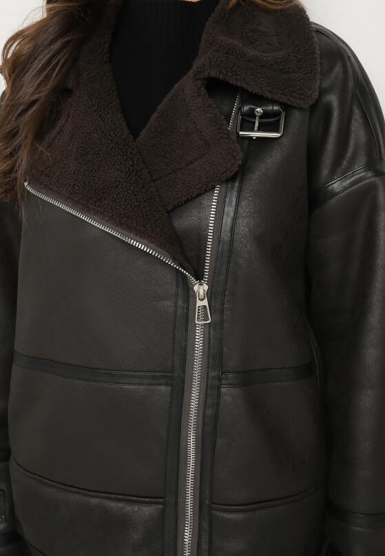 Czarna Kurtka Biker z Futerkiem Typu Baranek i Paskami z Klamrami Neathra 5