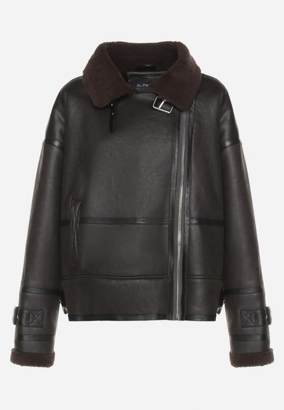 Czarna Kurtka Biker z Futerkiem Typu Baranek i Paskami z Klamrami Neathra 6