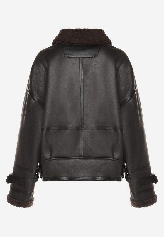 Czarna Kurtka Biker z Futerkiem Typu Baranek i Paskami z Klamrami Neathra 7