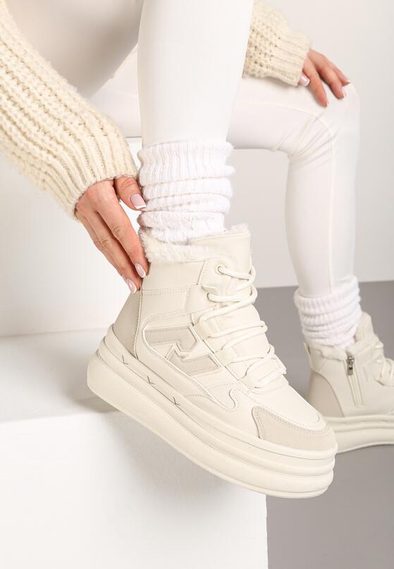 Beżowe Sneakersy na Grubej Podeszwie z Tłoczeniem Futerkiem i Geometryczną Wstawką Nealandra 2