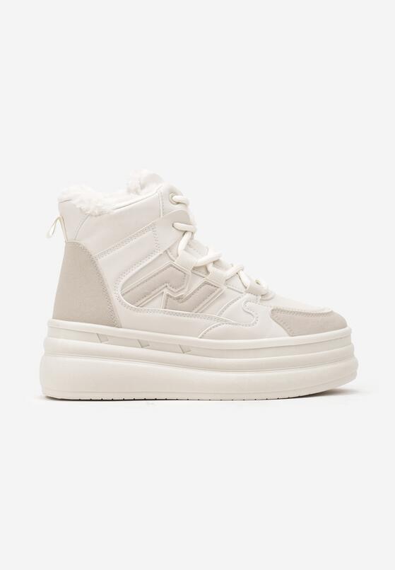 Beżowe Sneakersy na Grubej Podeszwie z Tłoczeniem Futerkiem i Geometryczną Wstawką Nealandra 4