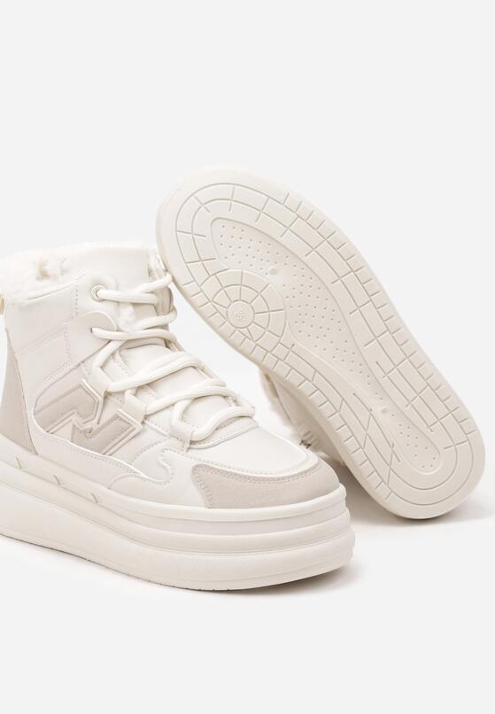 Beżowe Sneakersy na Grubej Podeszwie z Tłoczeniem Futerkiem i Geometryczną Wstawką Nealandra 6