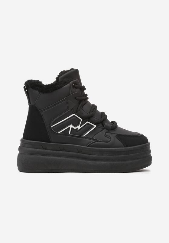 Czarne Sneakersy na Grubej Podeszwie z Tłoczeniem Futerkiem i Geometryczną Wstawką Nealandra 4