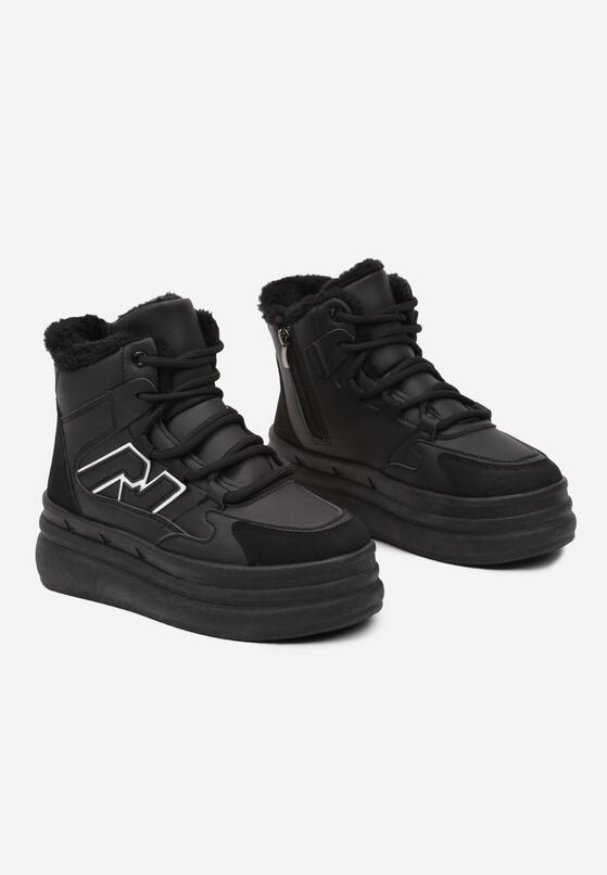 Czarne Sneakersy na Grubej Podeszwie z Tłoczeniem Futerkiem i Geometryczną Wstawką Nealandra 5