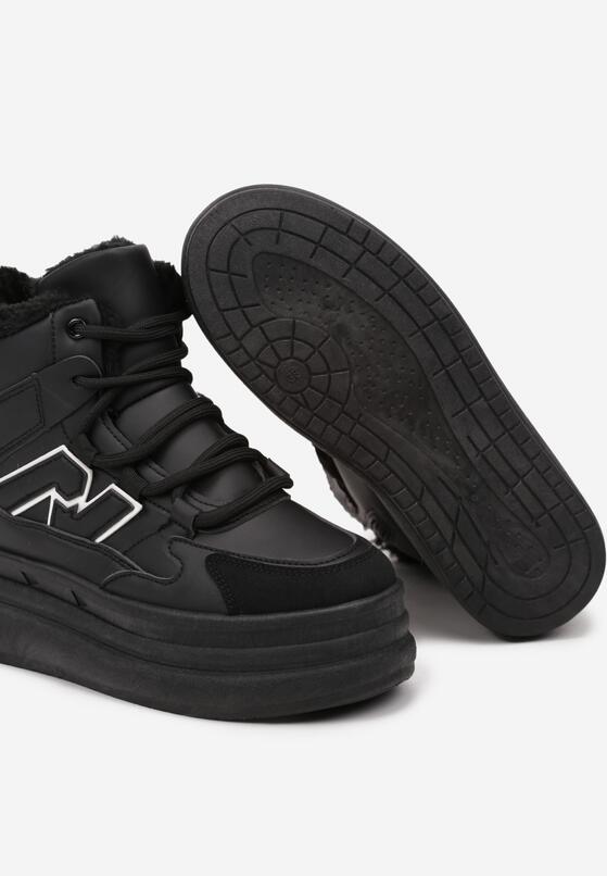 Czarne Sneakersy na Grubej Podeszwie z Tłoczeniem Futerkiem i Geometryczną Wstawką Nealandra 6