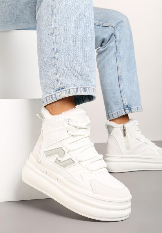 Białe Sneakersy na Grubej Podeszwie z Tłoczeniem Futerkiem i Geometryczną Wstawką Nealandra 3