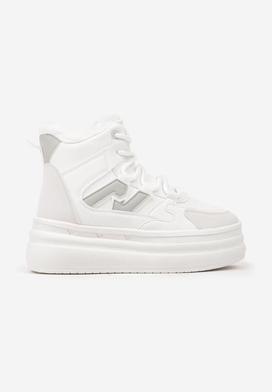 Białe Sneakersy na Grubej Podeszwie z Tłoczeniem Futerkiem i Geometryczną Wstawką Nealandra 4