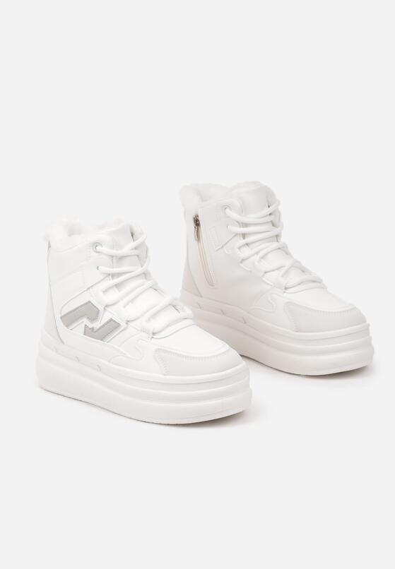 Białe Sneakersy na Grubej Podeszwie z Tłoczeniem Futerkiem i Geometryczną Wstawką Nealandra 5