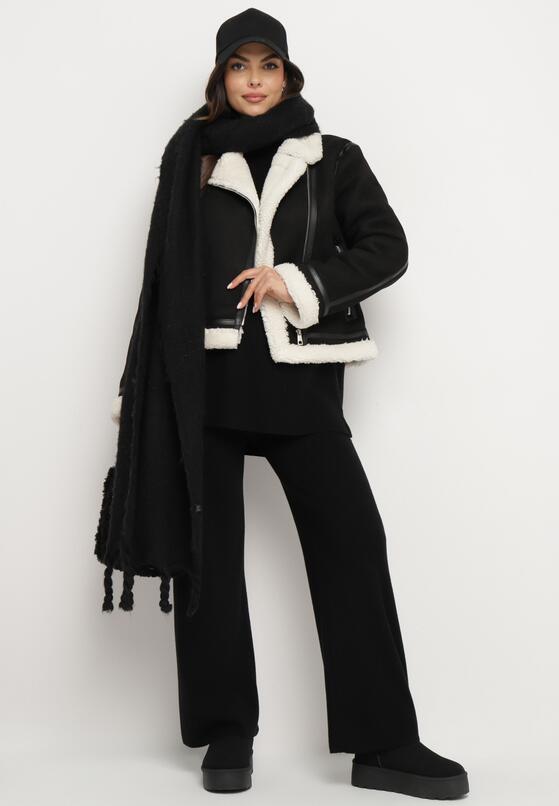 Czarna Kurtka Biker z Futerkiem Typu Baranek i Asymetrycznym Zapięciem Neavielis 2
