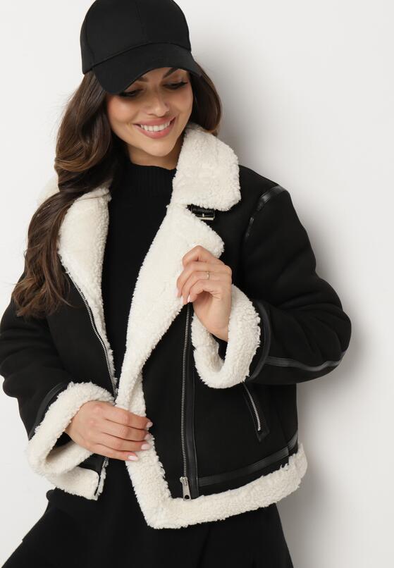 Czarna Kurtka Biker z Futerkiem Typu Baranek i Asymetrycznym Zapięciem Neavielis 4