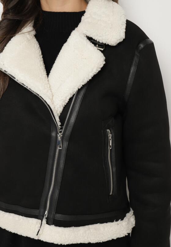 Czarna Kurtka Biker z Futerkiem Typu Baranek i Asymetrycznym Zapięciem Neavielis 5