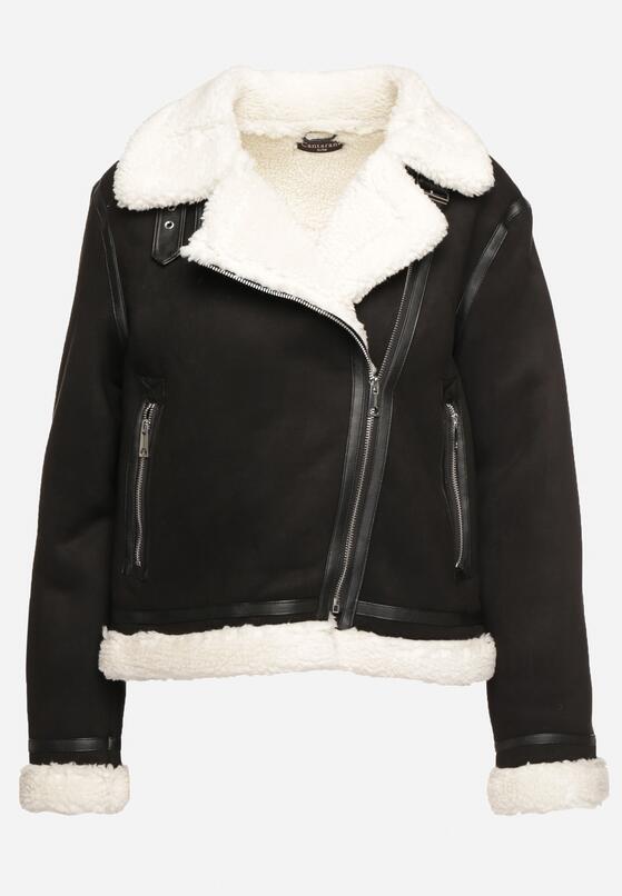 Czarna Kurtka Biker z Futerkiem Typu Baranek i Asymetrycznym Zapięciem Neavielis 6