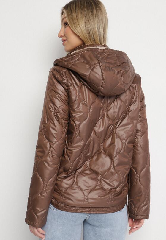 Brązowa Kurtka z Ozdobnymi Przeszyciami Odpinanym Kapturem i Ściągaczami u Dołu Jackinita 4