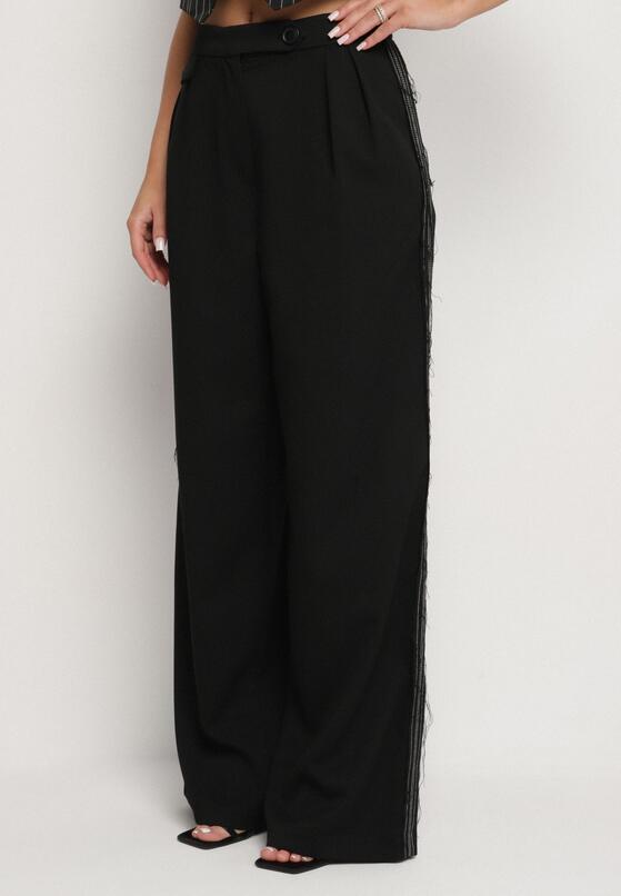 Czarne Szerokie Spodnie High Waist Ozdobione Kieszeniami Zinnoria 1