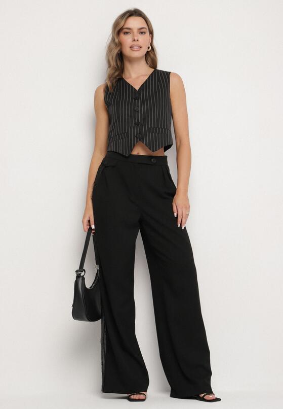 Czarne Szerokie Spodnie High Waist Ozdobione Kieszeniami Zinnoria 2