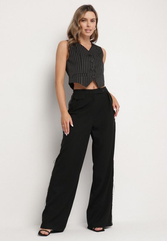 Czarne Szerokie Spodnie High Waist Ozdobione Kieszeniami Zinnoria 4