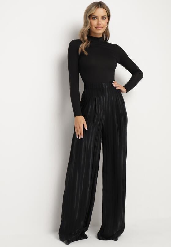 Czarne Szerokie Spodnie z Wiskozy z Wysokim Stanem Hetissa 4