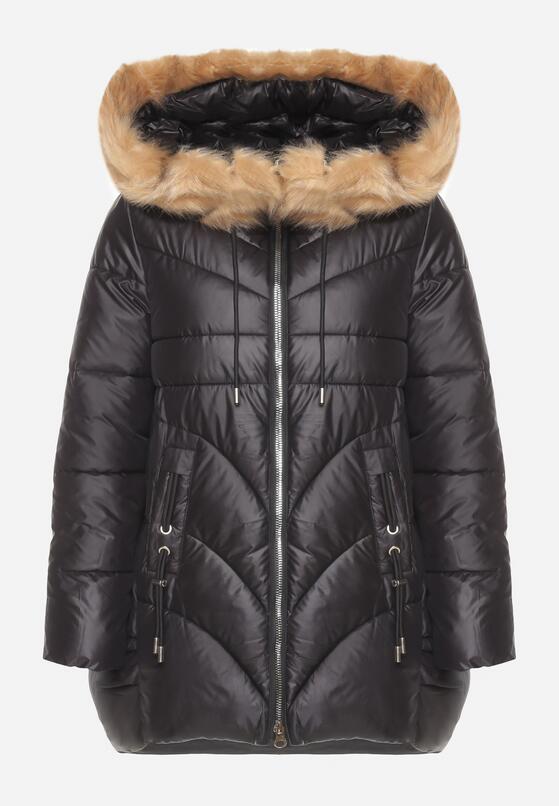 Czarna Pikowana Kurtka o Trapezowym Kroju z Kapturem i Odpinanym Futerkiem Deolaine 6