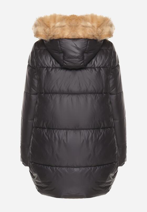 Czarna Pikowana Kurtka o Trapezowym Kroju z Kapturem i Odpinanym Futerkiem Deolaine 7