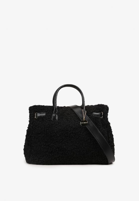 Czarna Futrzana Torebka Shopper z Rączkami i Dodatkowym Paskiem Sealiael 1