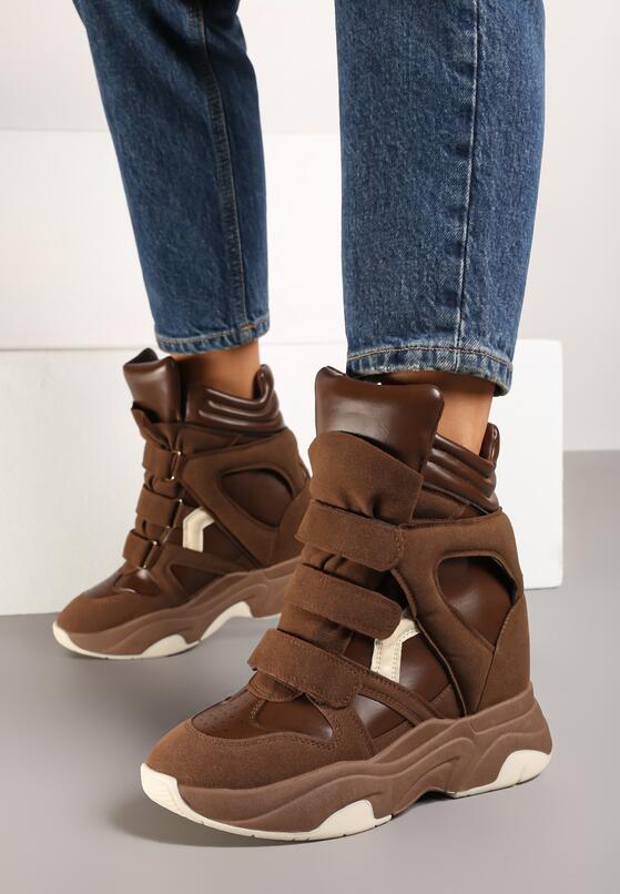 Brązowe Sneakersy na Koturnie z Zapięciem na Rzep Liriam 1