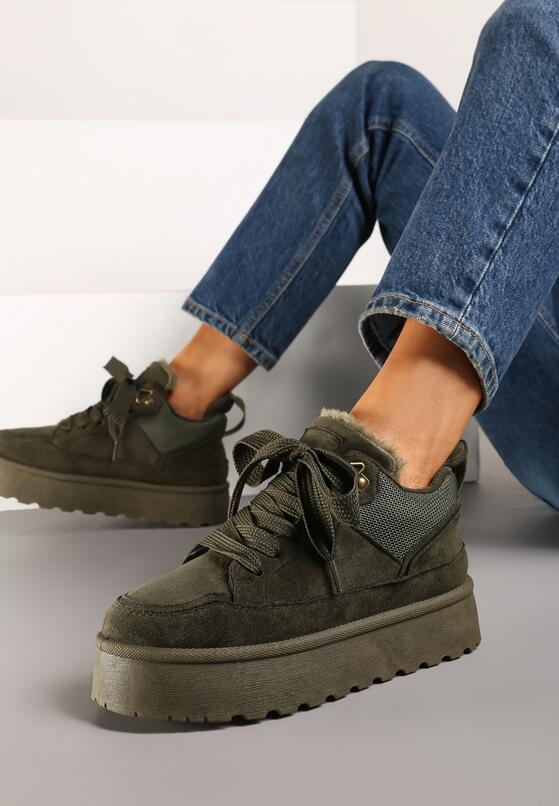 Ciemnozielone Sneakersy na Grubej Podeszwie Ocieplane Futerkiem Tifitana 2