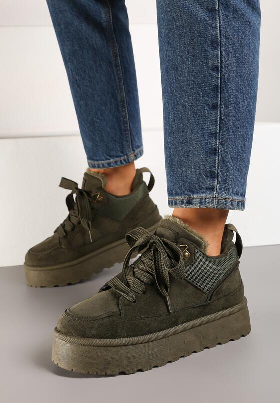 Ciemnozielone Sneakersy na Grubej Podeszwie Ocieplane Futerkiem Tifitana 3