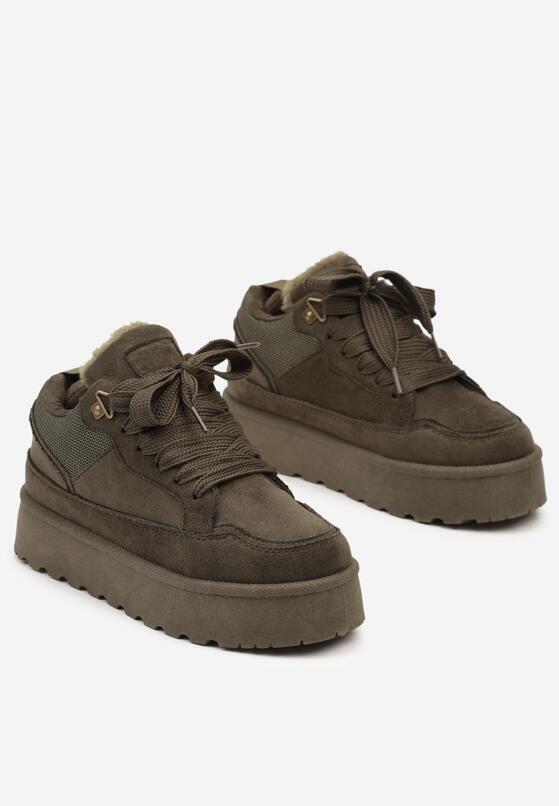 Ciemnozielone Sneakersy na Grubej Podeszwie Ocieplane Futerkiem Tifitana 5