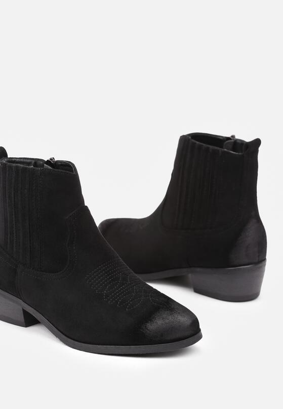 Czarne Botki z Imitacji Zamszu w Stylu Kowbojek na Niskim Obcasie Jackiara 6