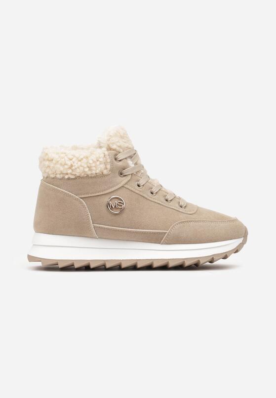 Ciemnobeżowe Sneakersy z Imitacji Zamszu Mocno Ocieplane Futrem Metarilea 4