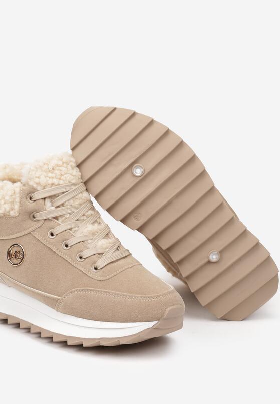 Ciemnobeżowe Sneakersy z Imitacji Zamszu Mocno Ocieplane Futrem Metarilea 6