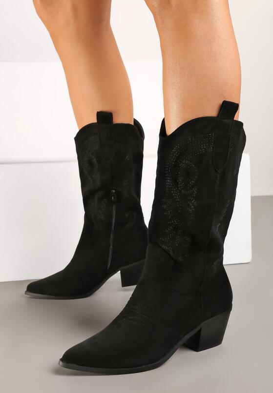Czarne Botki Kowbojki z Imitacji Zamszu na Słupku Zdobione Przeszyciami Ventinnora 1