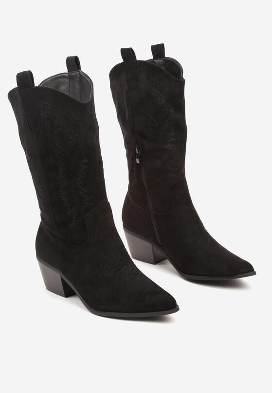 Czarne Botki Kowbojki z Imitacji Zamszu na Słupku Zdobione Przeszyciami Ventinnora 5