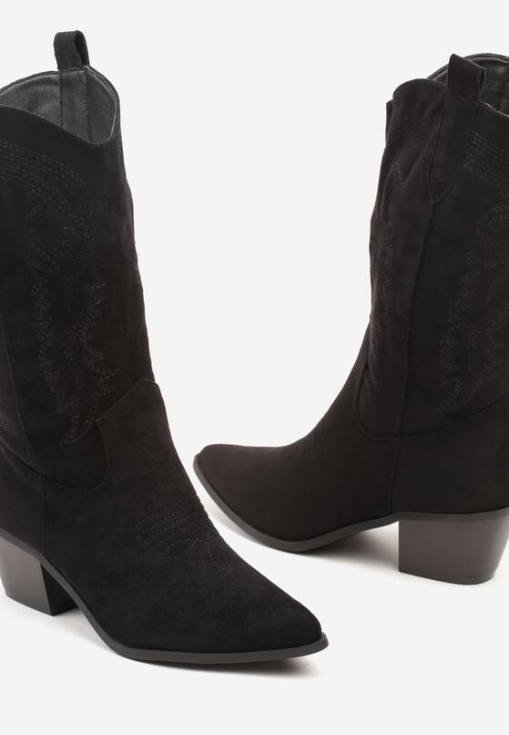 Czarne Botki Kowbojki z Imitacji Zamszu na Słupku Zdobione Przeszyciami Ventinnora 6