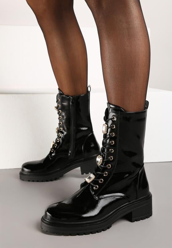 Czarne Botki na Płaskiej Podeszwie w Stylu Workerów ze Sznurowaniem i Cyrkoniami Nialoria 1