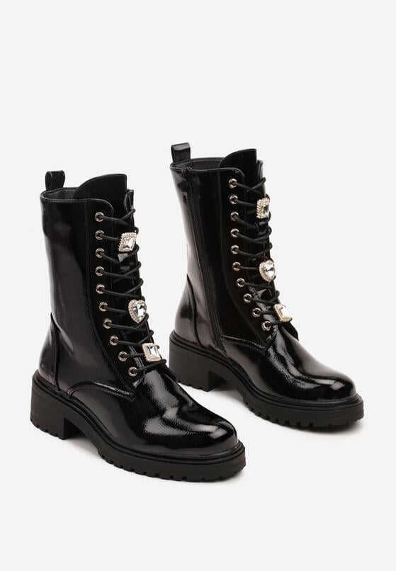 Czarne Botki na Płaskiej Podeszwie w Stylu Workerów ze Sznurowaniem i Cyrkoniami Nialoria 5