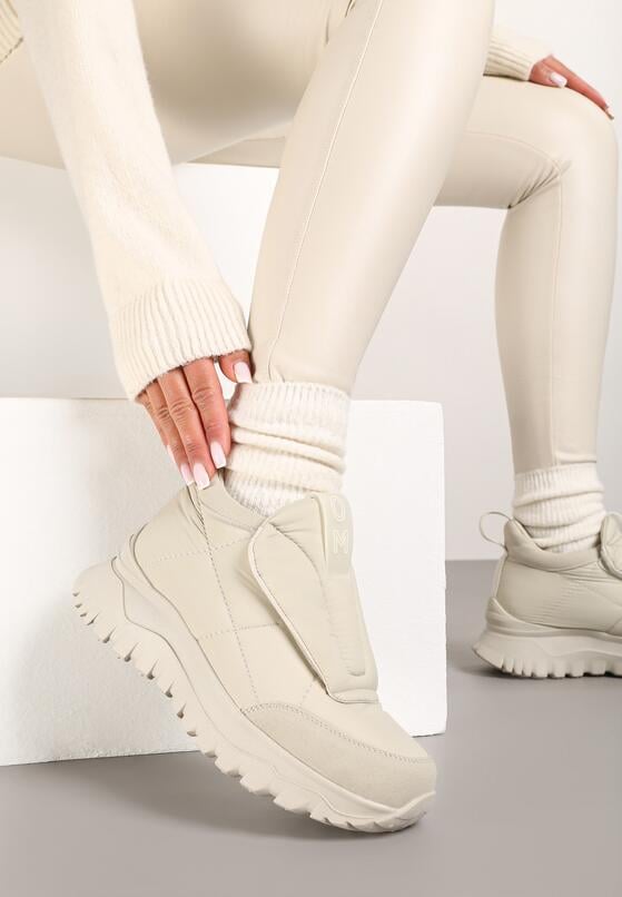 Jasnobeżowe Sneakersy na Grubej Podeszwie z Pikowaną Cholewką i Napisem Resisha 2