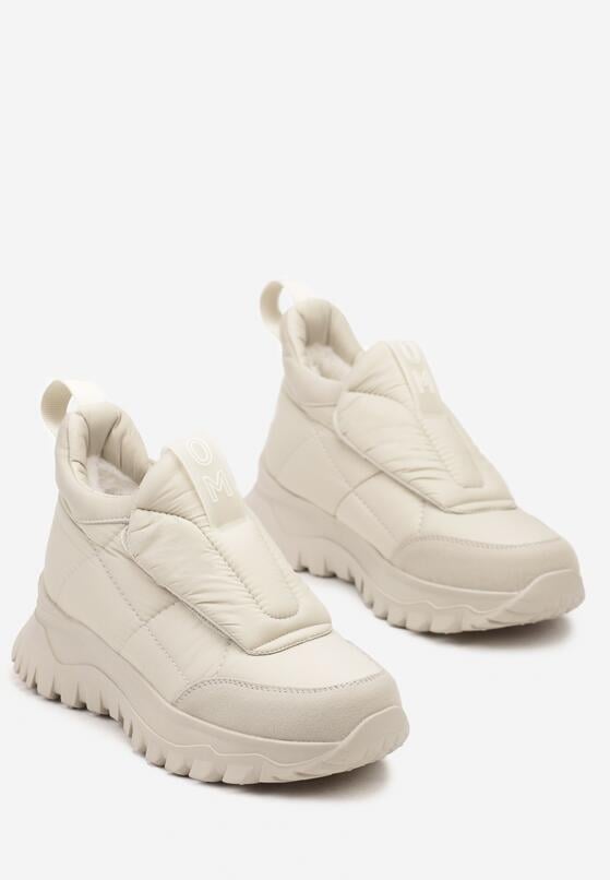 Jasnobeżowe Sneakersy na Grubej Podeszwie z Pikowaną Cholewką i Napisem Resisha 5