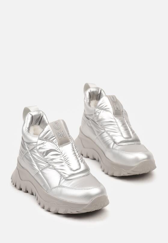 Srebrne Sneakersy na Grubej Podeszwie z Pikowaną Cholewką i Napisem Resisha 5