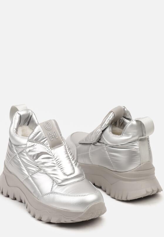 Srebrne Sneakersy na Grubej Podeszwie z Pikowaną Cholewką i Napisem Resisha 6