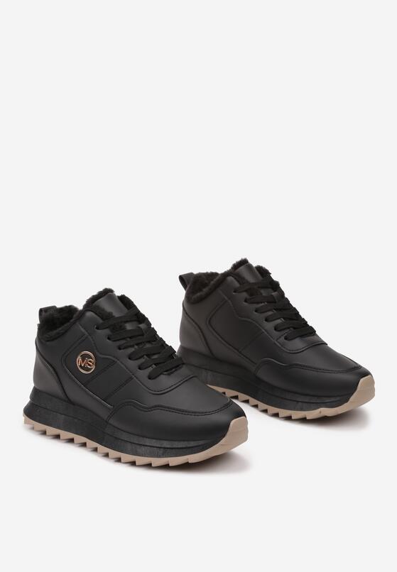 Czarne Sneakersy z Futrzaną Wyściółką i Metalowym Zdobieniem Tinnalira 5