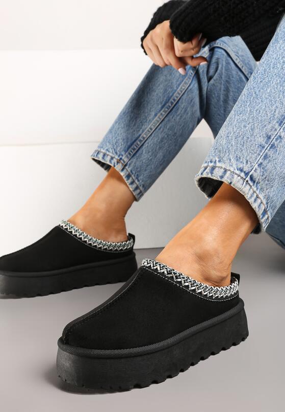 Czarne Śniegowce na Grubej Podeszwie z Niską Haftowaną Cholewką Etandiel 1