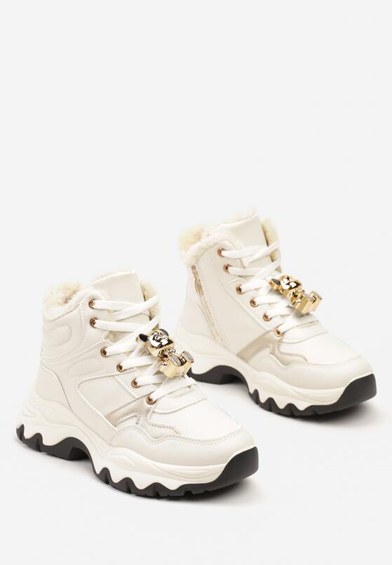 Beżowe Płaskie Sneakersy z Wysoką Cholewką Ozdobione Misiami 3D i Futerkiem Teminita 5