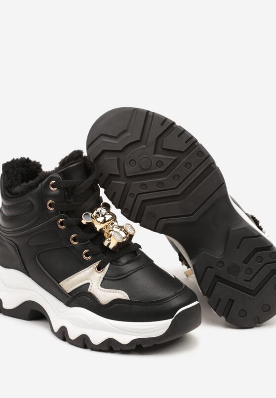 Czarne Płaskie Sneakersy z Wysoką Cholewką Ozdobione Misiami 3D i Futerkiem Teminita 6