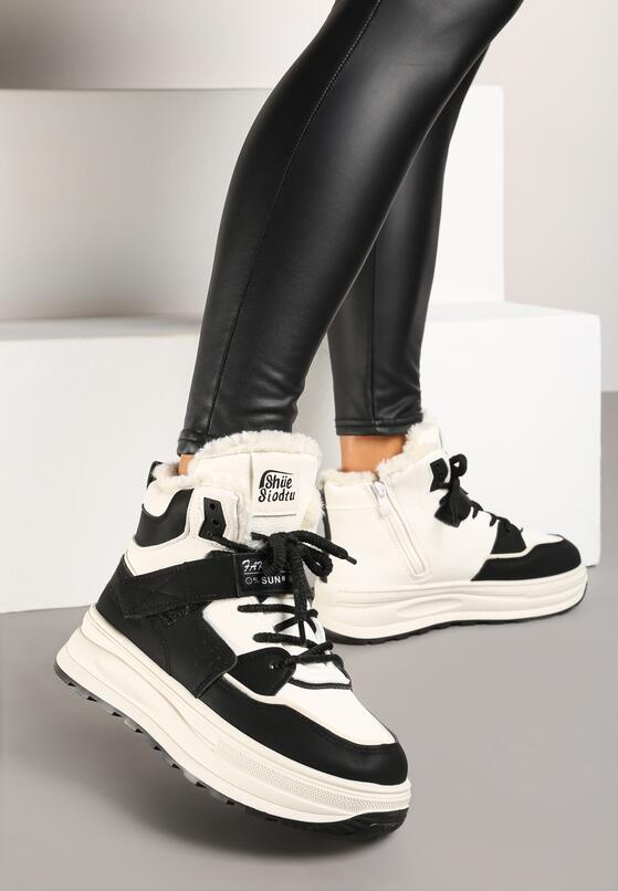 Beżowo-Czarne Sneakersy Ocieplane na Płaskiej Podeszwie z Wysoką Cholewką Rialithra 2