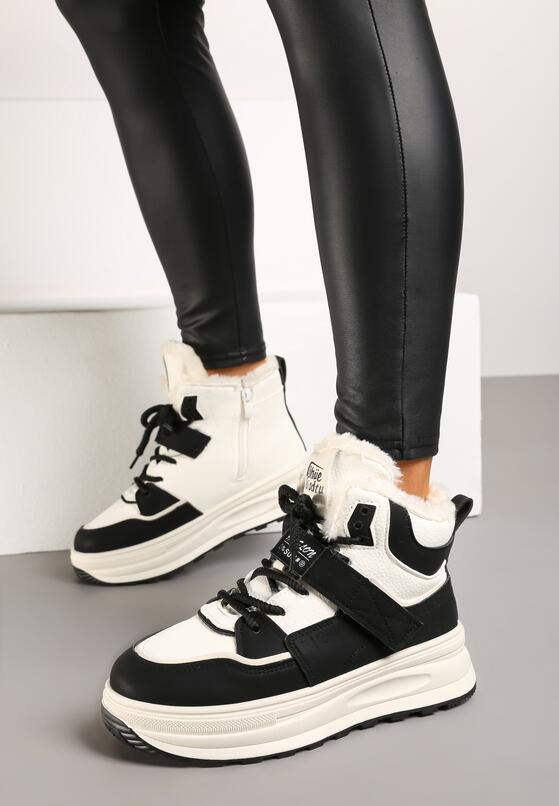 Beżowo-Czarne Sneakersy Ocieplane na Płaskiej Podeszwie z Wysoką Cholewką Rialithra 1