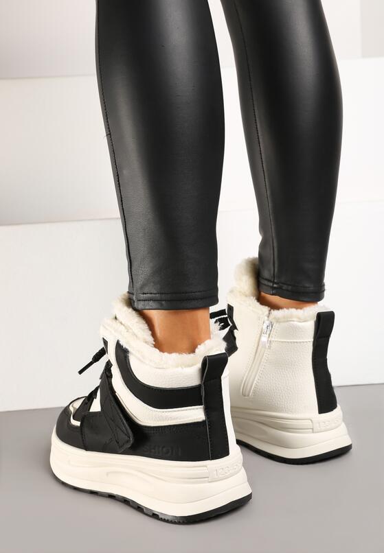 Beżowo-Czarne Sneakersy Ocieplane na Płaskiej Podeszwie z Wysoką Cholewką Rialithra 3