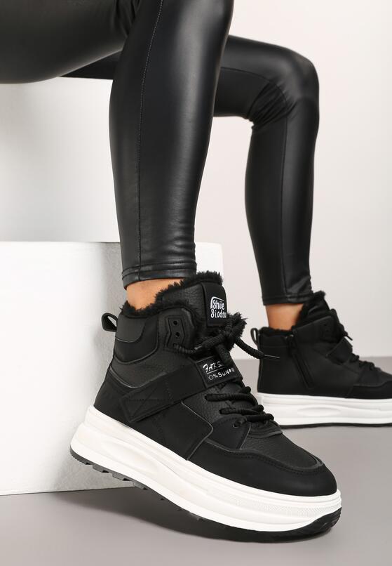 Czarne Sneakersy Ocieplane na Płaskiej Podeszwie z Wysoką Cholewką Rialithra 2