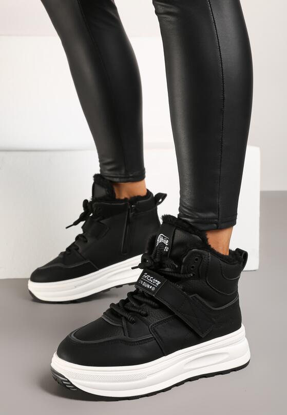 Czarne Sneakersy Ocieplane na Płaskiej Podeszwie z Wysoką Cholewką Rialithra 1